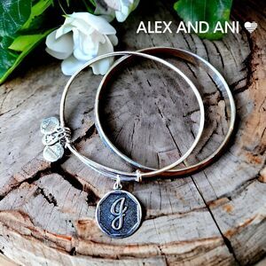 ALEX AND ANI Vintage Initial "J" Charm and Silver Bangle Bracelets (2)